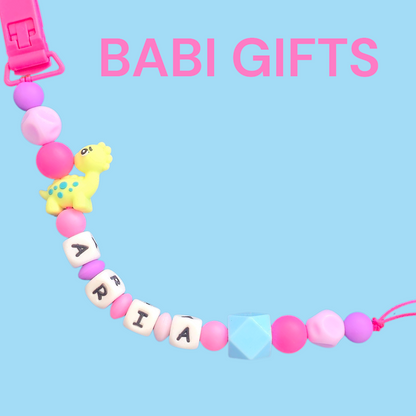 Pink Dinosaur Dummy Clip and Teether Set – Personalised Baby Gift