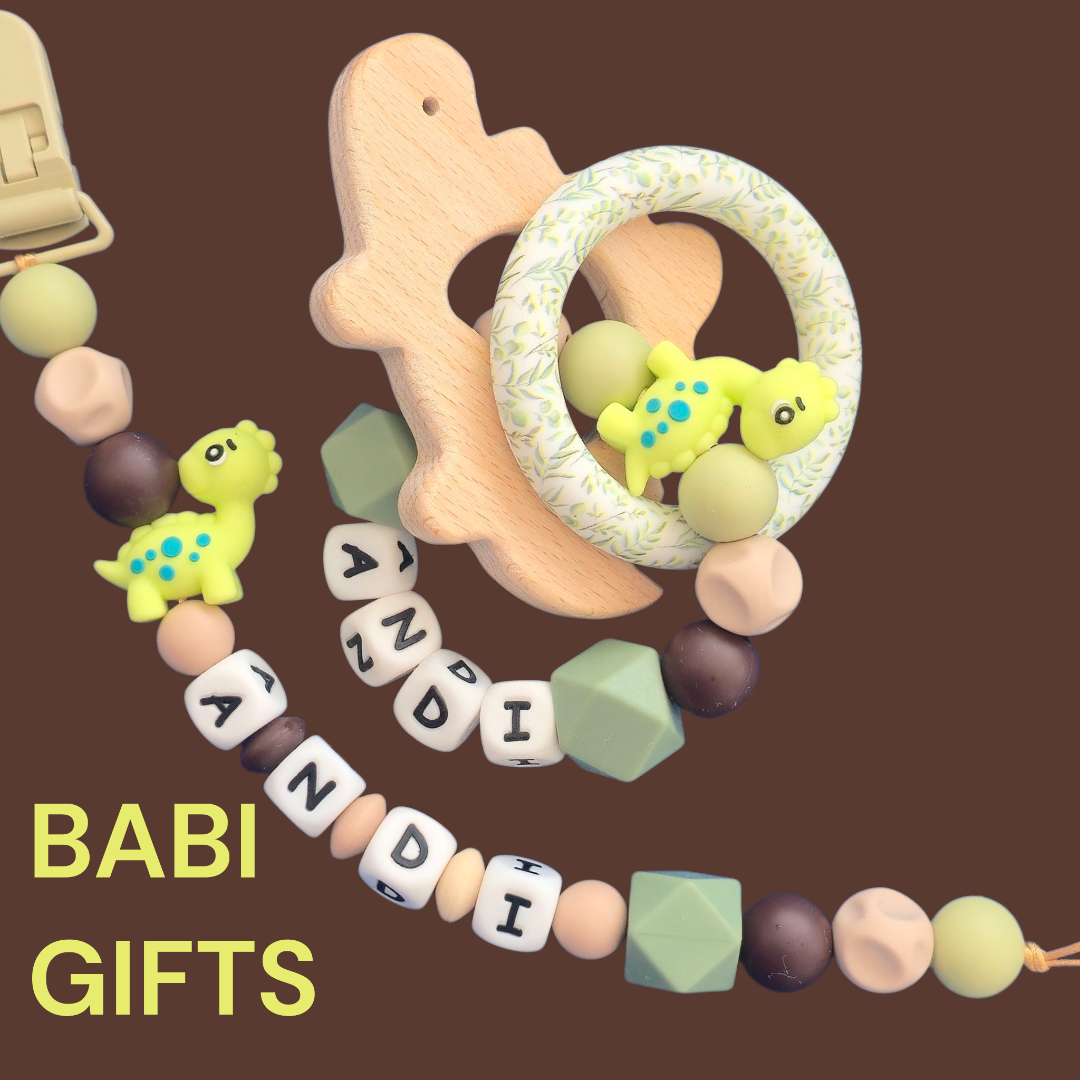 Natural Dino Dummy Clip and Teether Set – Personalised Baby Gift