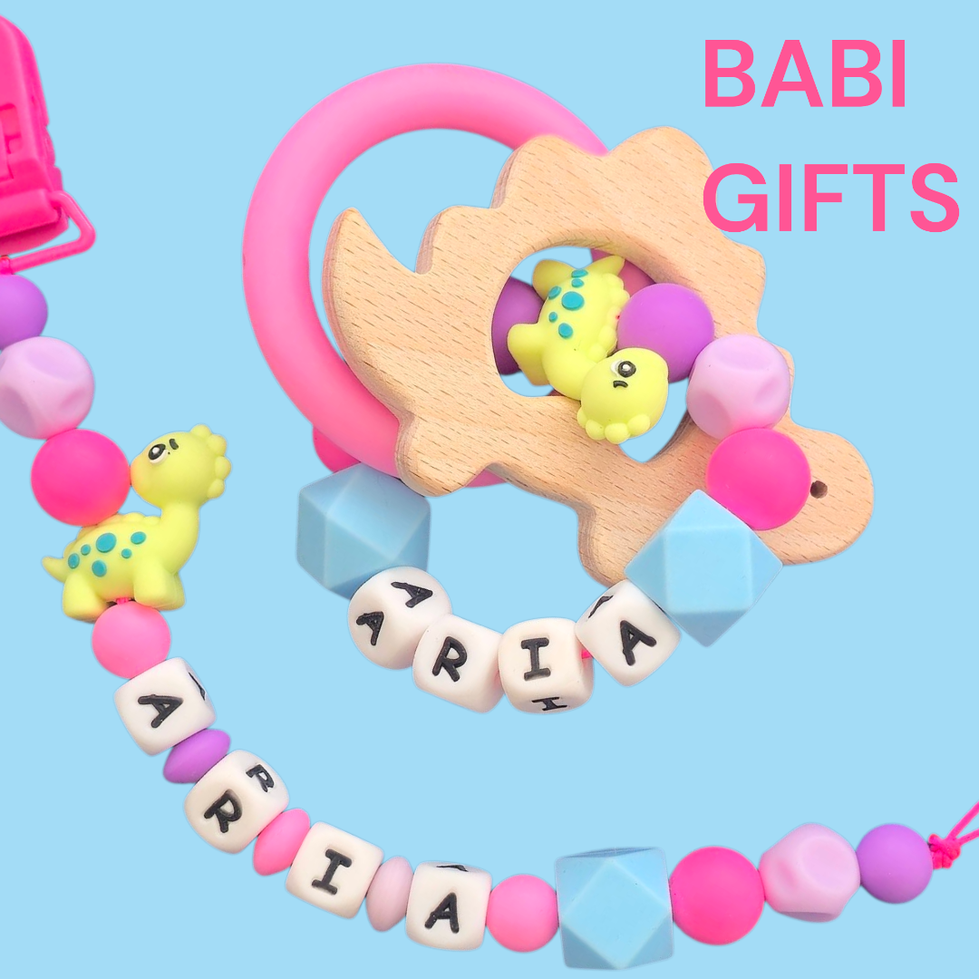Pink Dinosaur Dummy Clip and Teether Set – Personalised Baby Gift