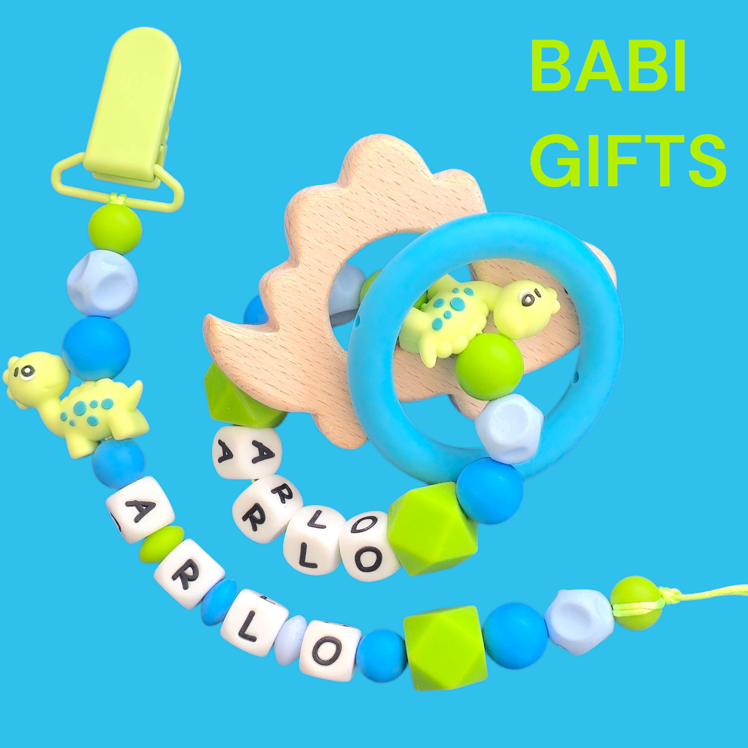 Blue Dinosaur Dummy Clip and Teether Set – Personalised Baby Gift
