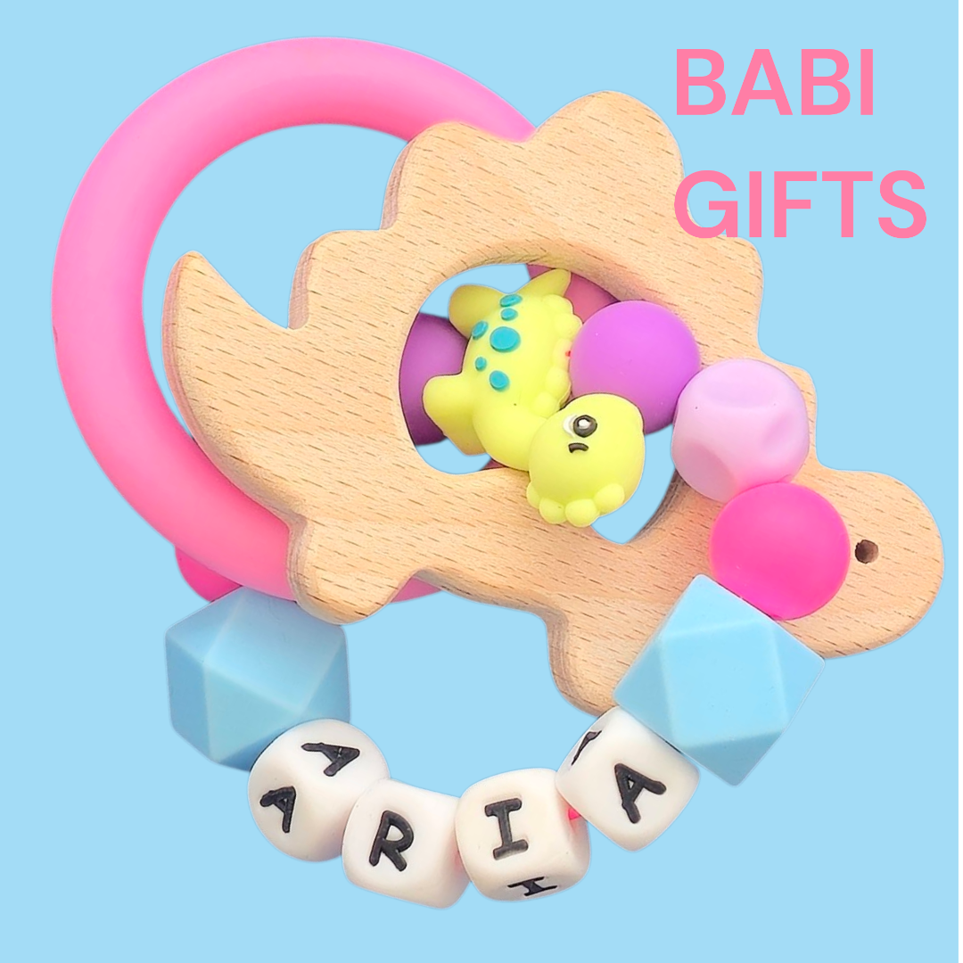 Pink Dinosaur Dummy Clip and Teether Set – Personalised Baby Gift