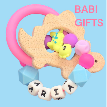 Pink Dinosaur Dummy Clip and Teether Set – Personalised Baby Gift