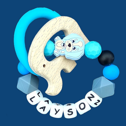 Blue Dog & Elephant Dummy Clip – Personalised Teether Set