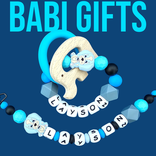 Blue Dog & Elephant Dummy Clip – Personalised Teether Set