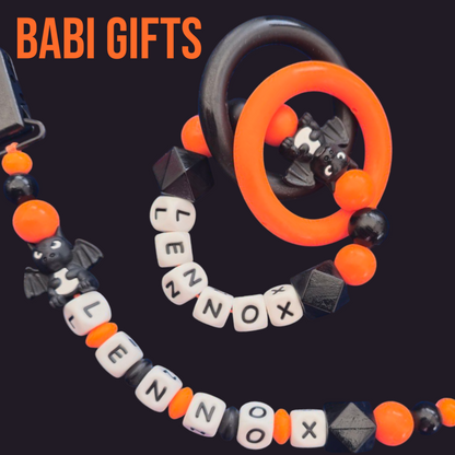 Dragon Dummy Clip – Black & Orange Personalised Teether Set