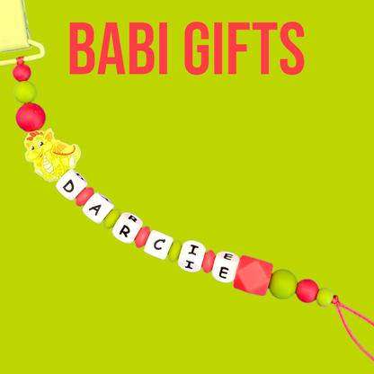 Red & Lime Dragon Dummy Clip & Teether – Personalised