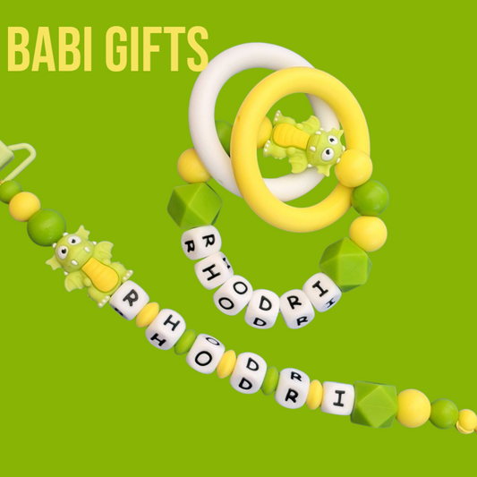 Personalised Roarsome Lime & Yellow Dragon Teether and Dummy Clip Set