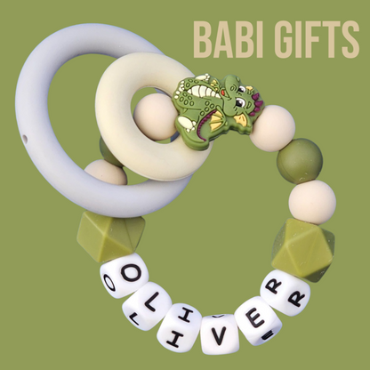 Olive Green Dragon Dummy Clip & Teether – Personalised