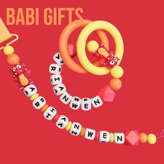 Personalised Red Dragon Dummy Clip & Teether Set