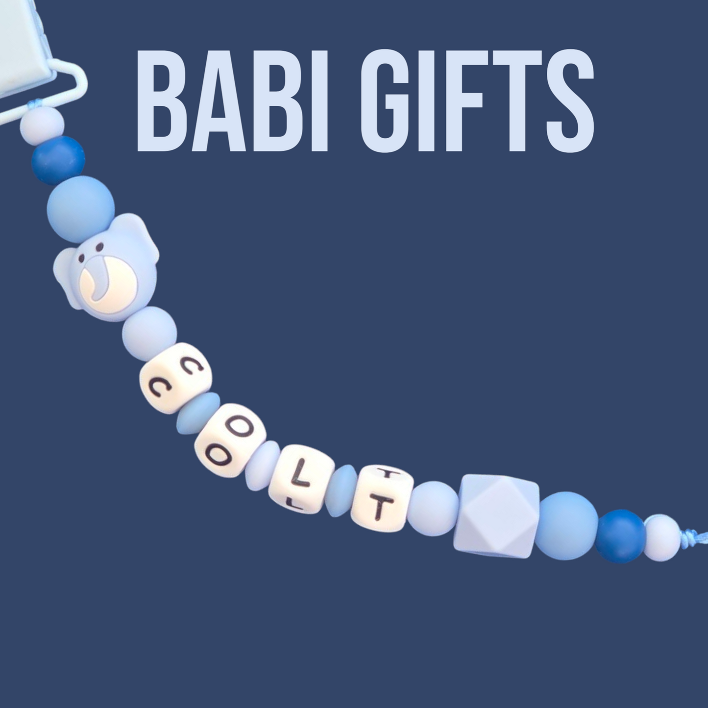 Blue Elephant Dummy Clip & Teether – Wooden Rattle Gift
