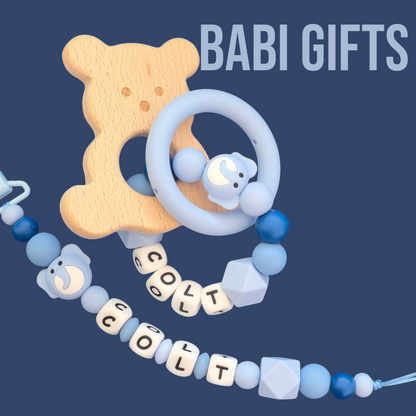 Blue Elephant Dummy Clip & Teether – Wooden Rattle Gift