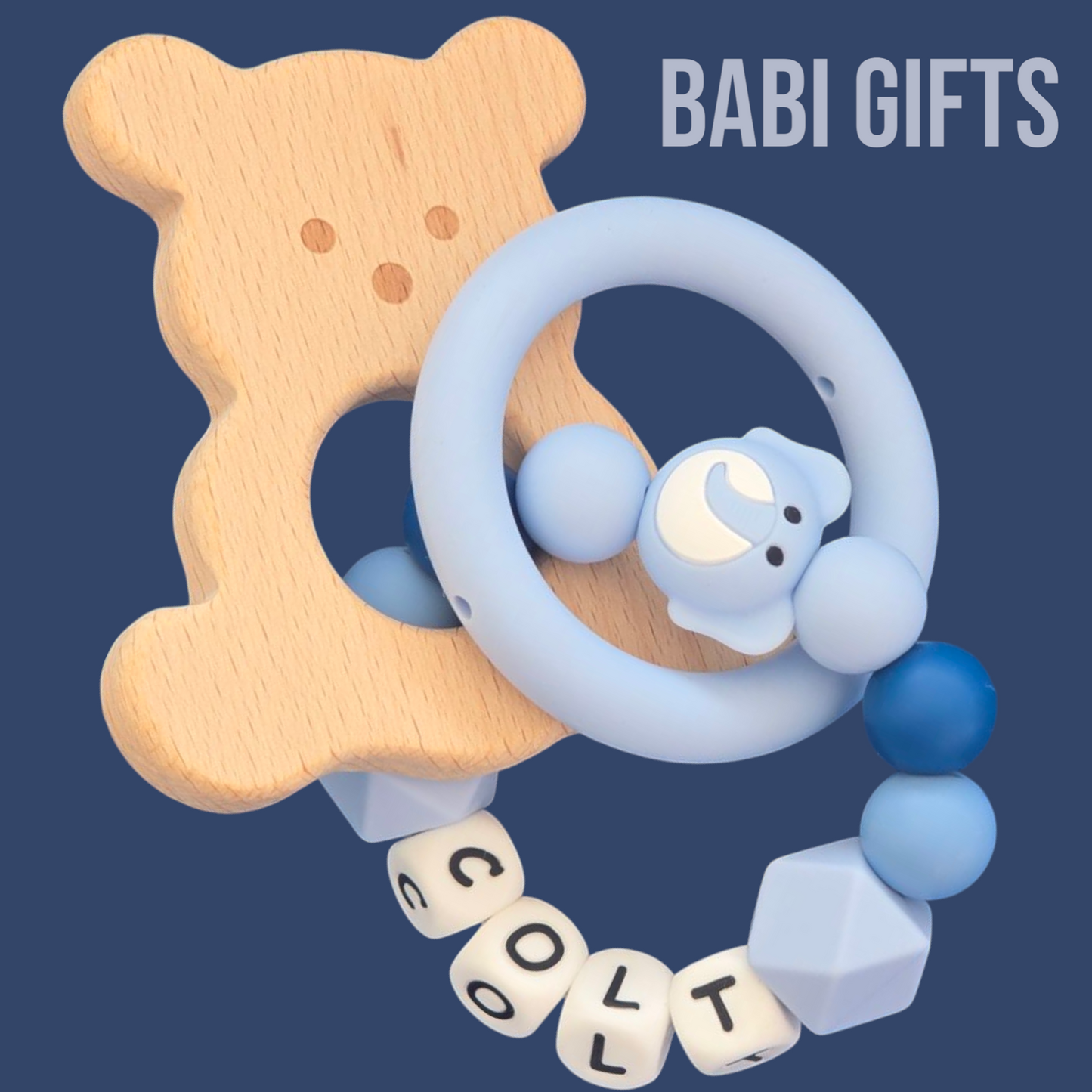 Blue Elephant Dummy Clip & Teether – Wooden Rattle Gift