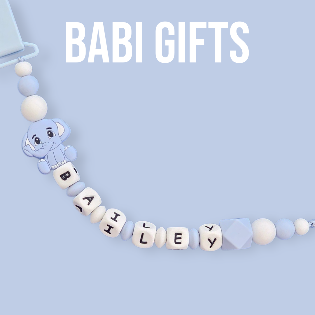 Blue Elephant Dummy Clip – Personalised Baby Teether Set