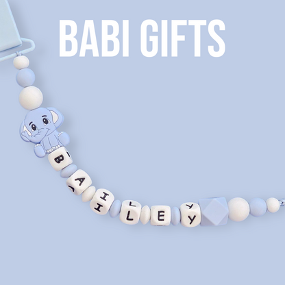 Blue Elephant Dummy Clip – Personalised Baby Teether Set