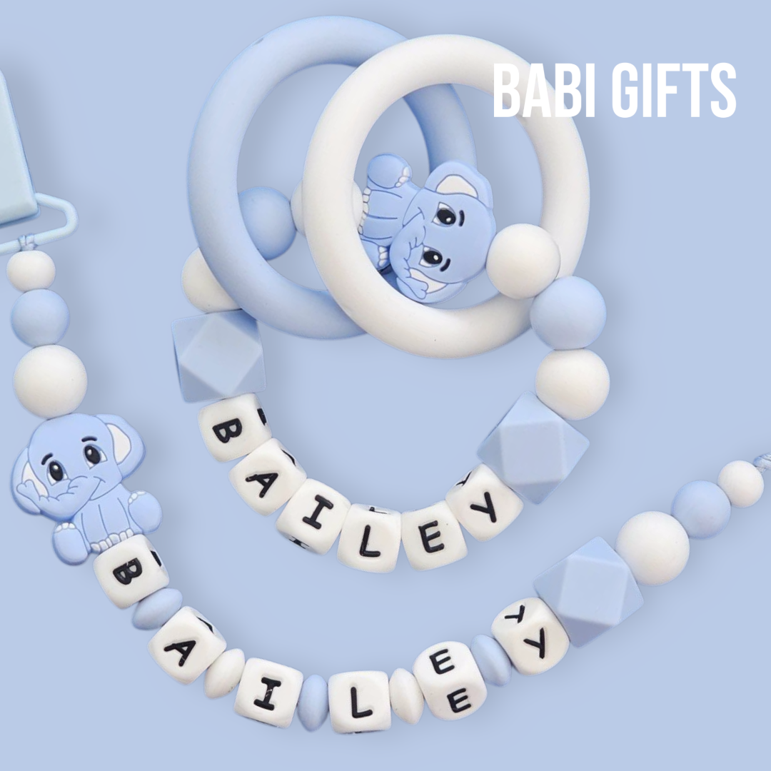 Blue Elephant Dummy Clip – Personalised Baby Teether Set