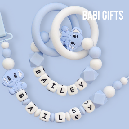 Blue Elephant Dummy Clip – Personalised Baby Teether Set