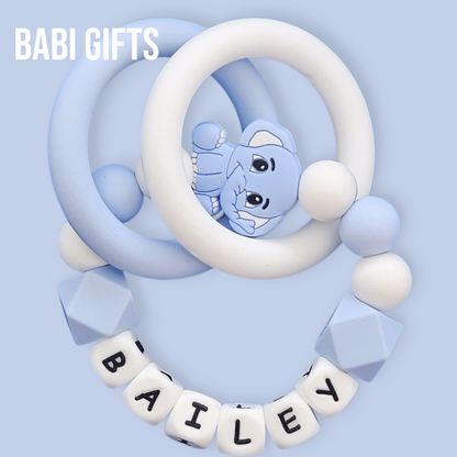 Blue Elephant Dummy Clip – Personalised Baby Teether Set