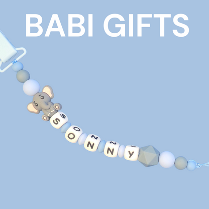 Cute Elephant Dummy Clip and Teether Set – Personalised Baby Gift