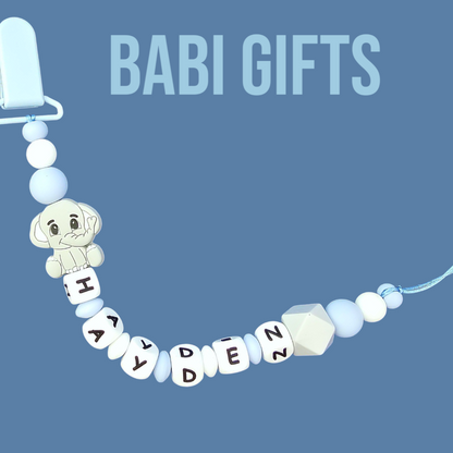 Blue Grey Elephant Dummy Clip & Teether Set – Personalised