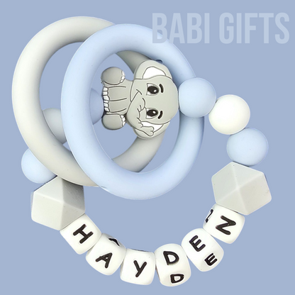 Blue Grey Elephant Dummy Clip & Teether Set – Personalised
