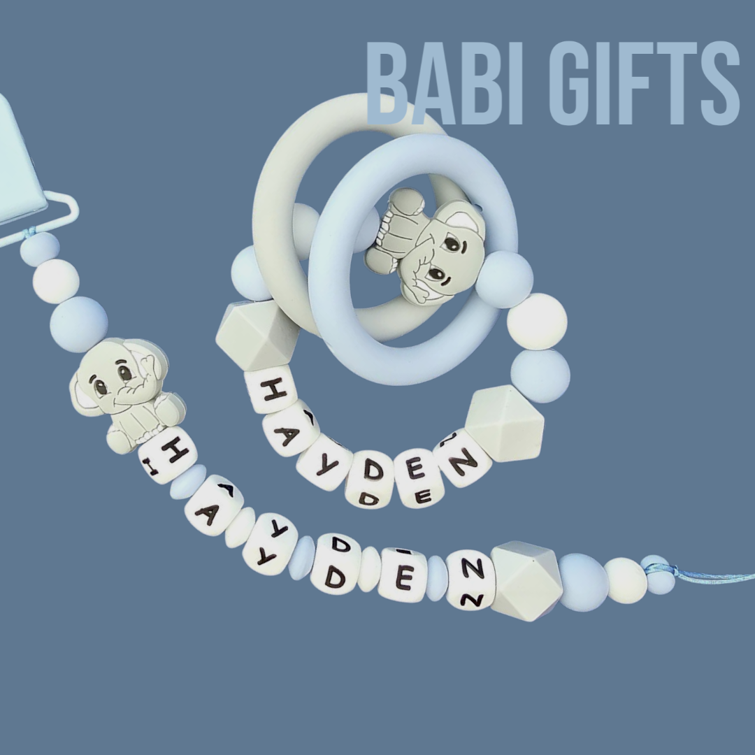 Blue Grey Elephant Dummy Clip & Teether Set – Personalised