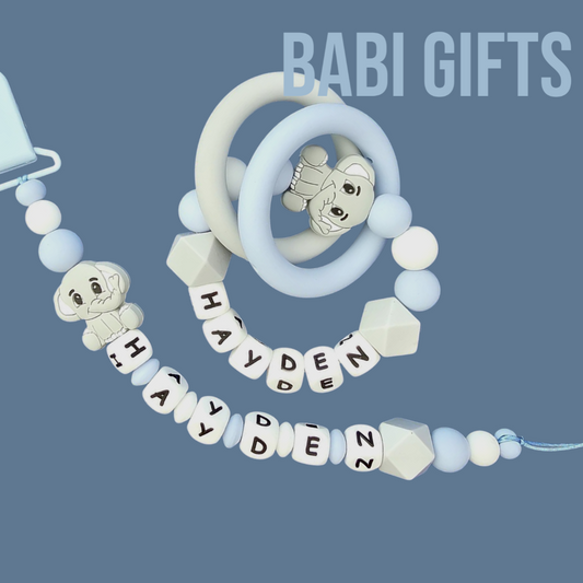 Blue Grey Elephant Dummy Clip & Teether Set – Personalised