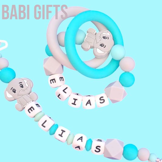 Elephant Dummy Clip & Teether – Personalised Baby Gift