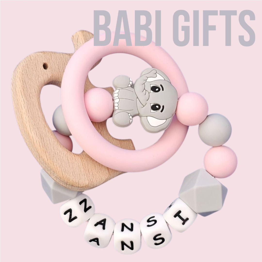 Grey & Pink Elephant Dummy Clip & Teether Set – Personalised