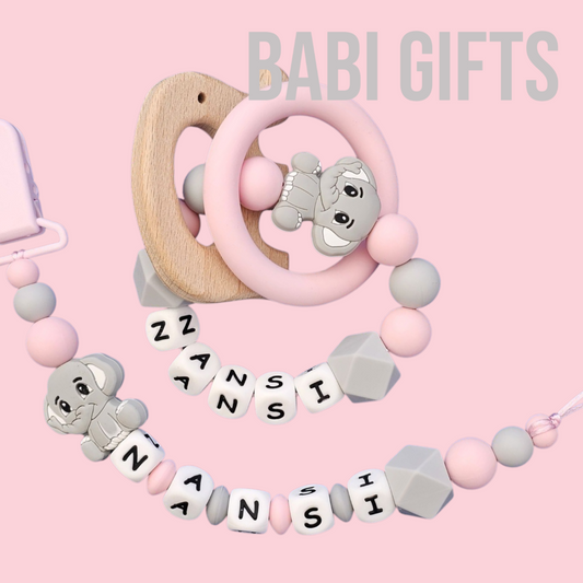 Grey & Pink Elephant Dummy Clip & Teether Set – Personalised