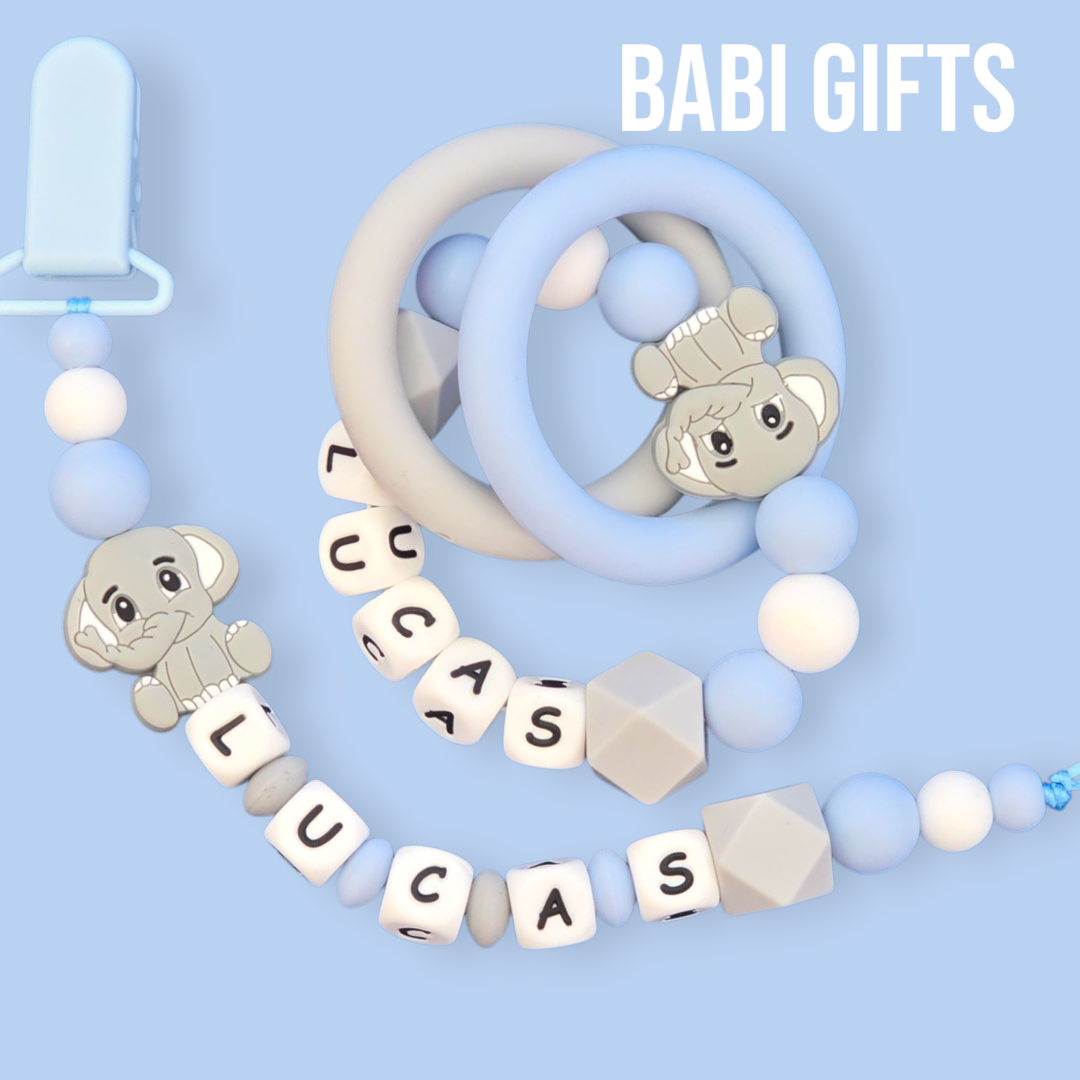 Grey Elephant Dummy Clip – Personalised Blue Teether Set