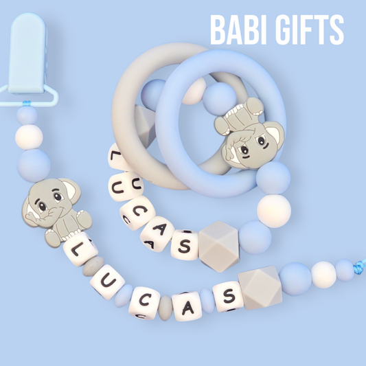 Grey Elephant Dummy Clip – Personalised Blue Teether Set