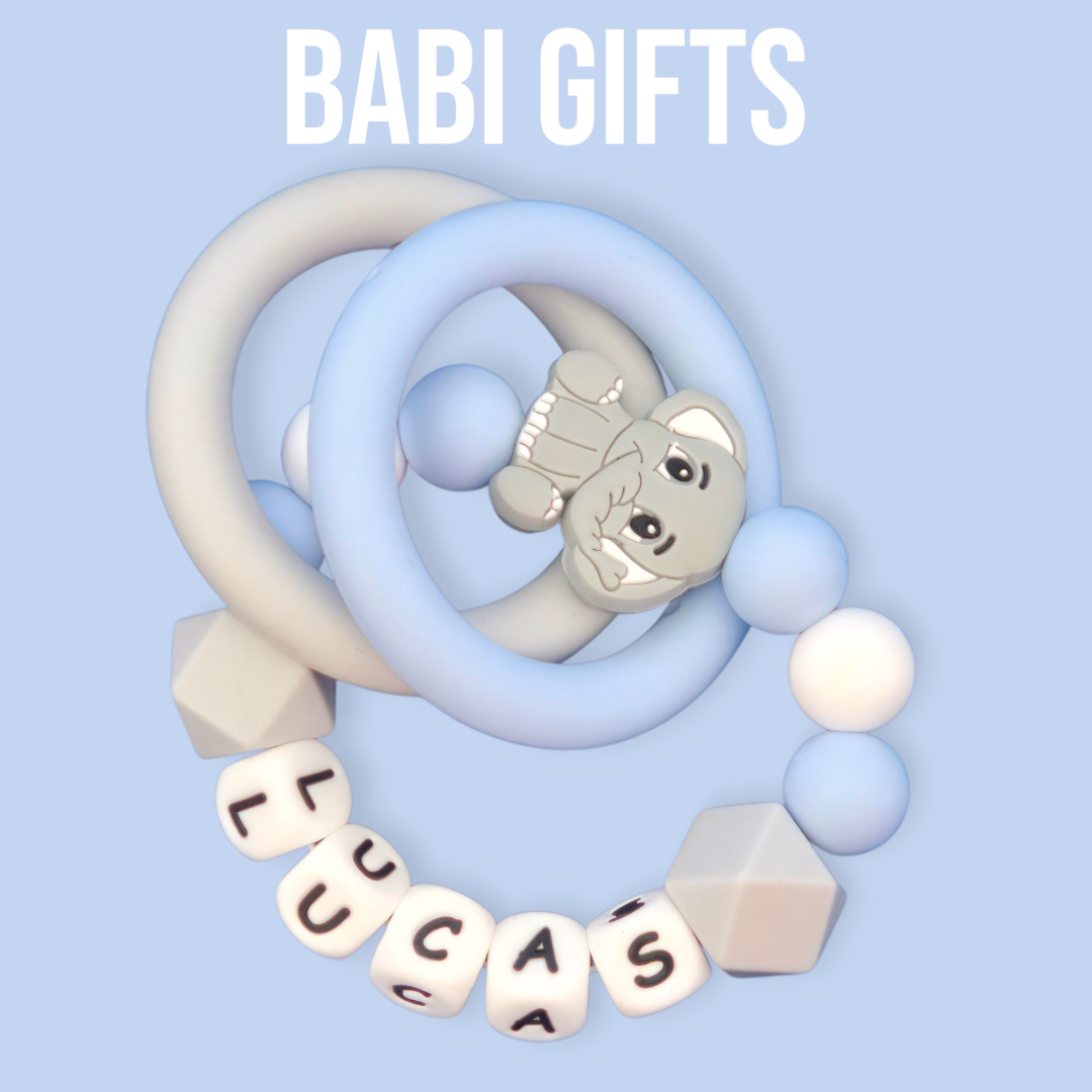 Grey Elephant Dummy Clip – Personalised Blue Teether Set