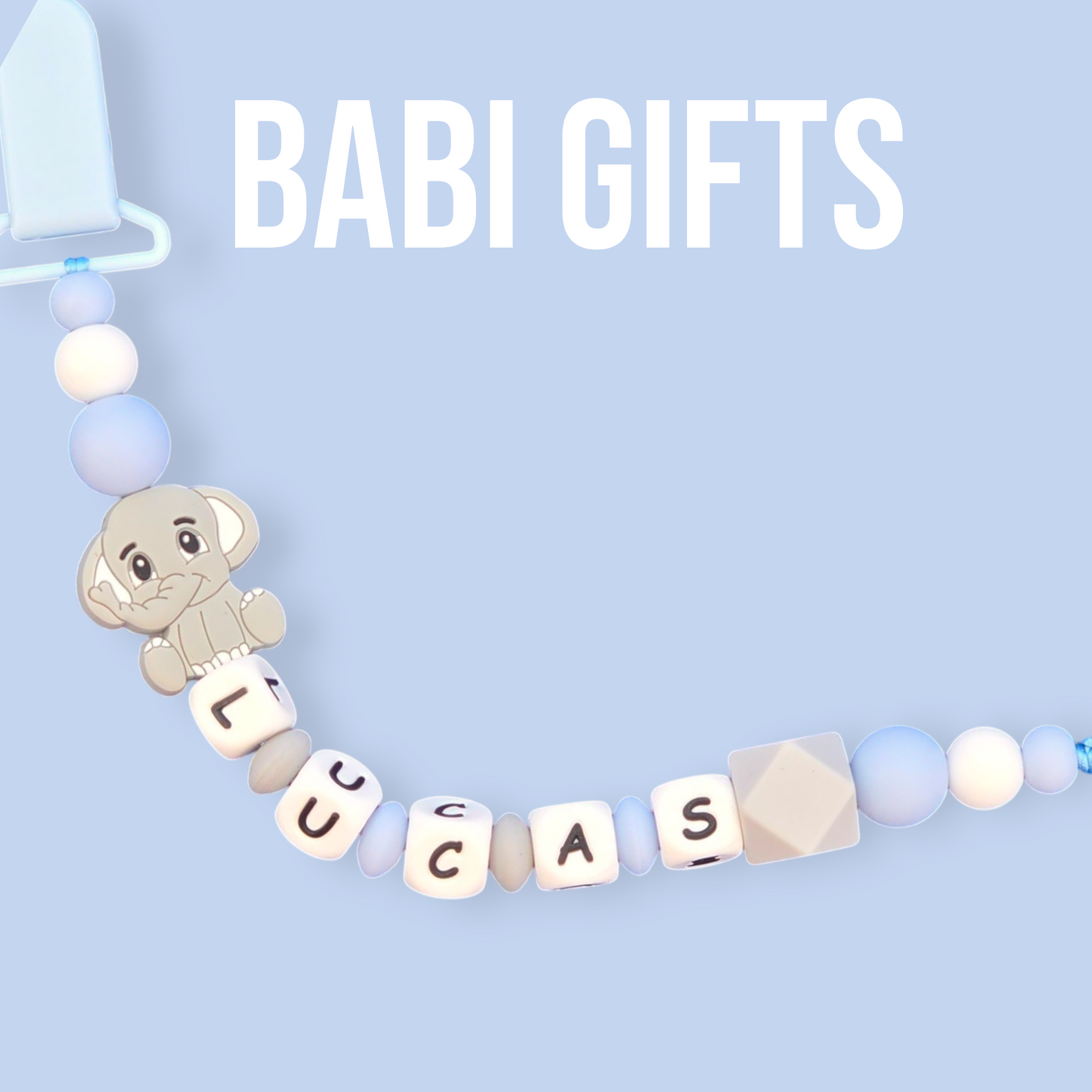 Grey Elephant Dummy Clip – Personalised Blue Teether Set