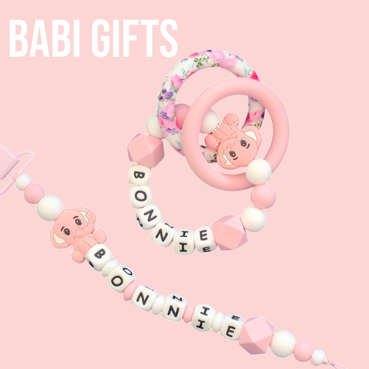 Pink Elephant Dummy Clip & Teether – Floral Accent Gift