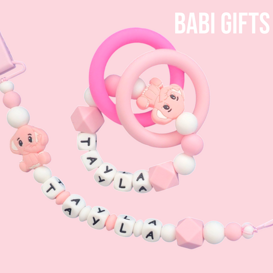 Pink Elephant Dummy Clip & Teether – Bold Baby Gift