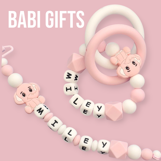 Elephant Dummy Clip – Pink & White Personalised Set