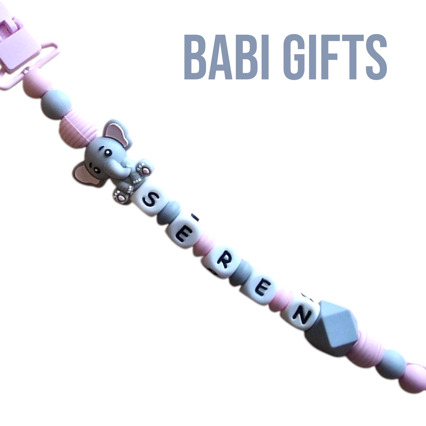 Elephant Dummy Clip and Teether Set – Pink & Grey Personalised Baby Gift
