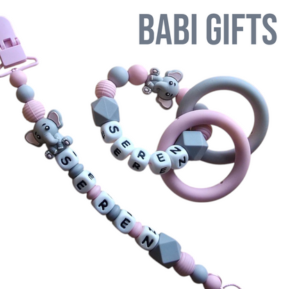 Elephant Dummy Clip and Teether Set – Pink & Grey Personalised Baby Gift