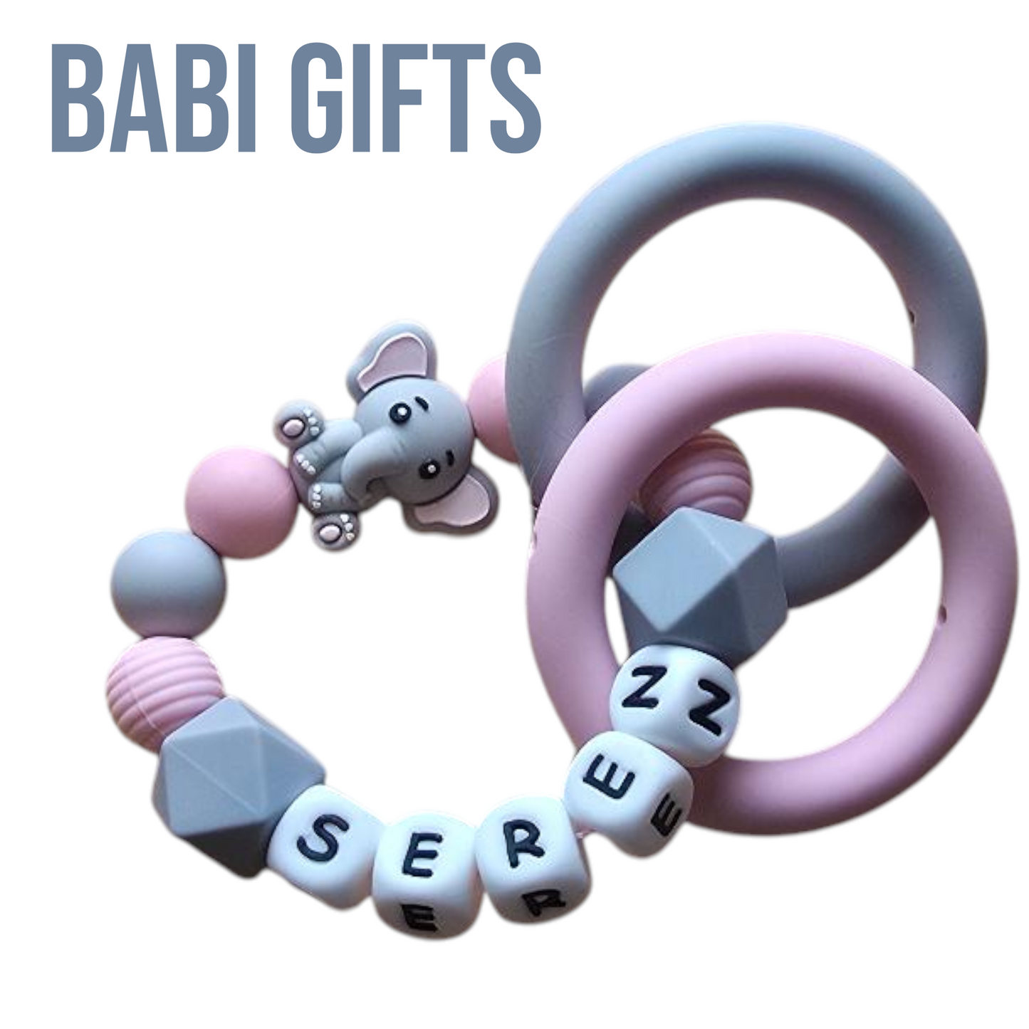 Elephant Dummy Clip and Teether Set – Pink & Grey Personalised Baby Gift