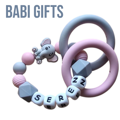 Elephant Dummy Clip and Teether Set – Pink & Grey Personalised Baby Gift