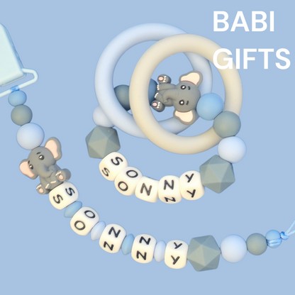 Cute Elephant Dummy Clip and Teether Set – Personalised Baby Gift