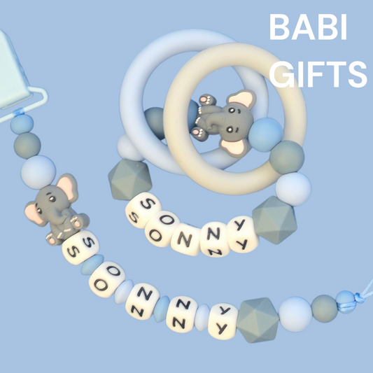 Cute Elephant Dummy Clip and Teether Set – Personalised Baby Gift