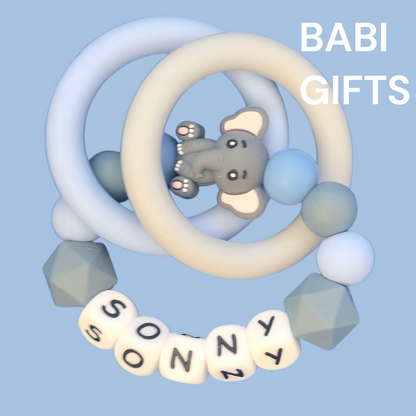 Cute Elephant Dummy Clip and Teether Set – Personalised Baby Gift