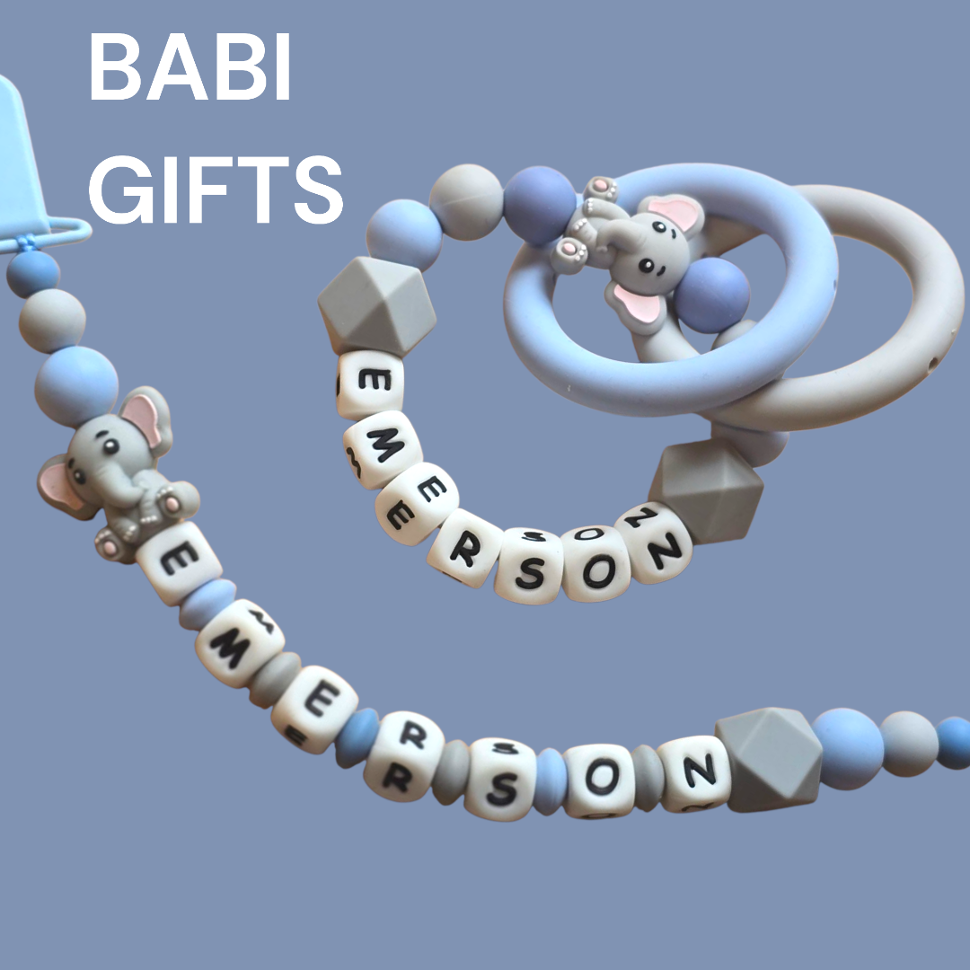Elephant Dummy Clip and Teether Set – Blue and Grey Personalised Baby Gift