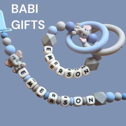 Elephant Dummy Clip and Teether Set – Blue and Grey Personalised Baby Gift