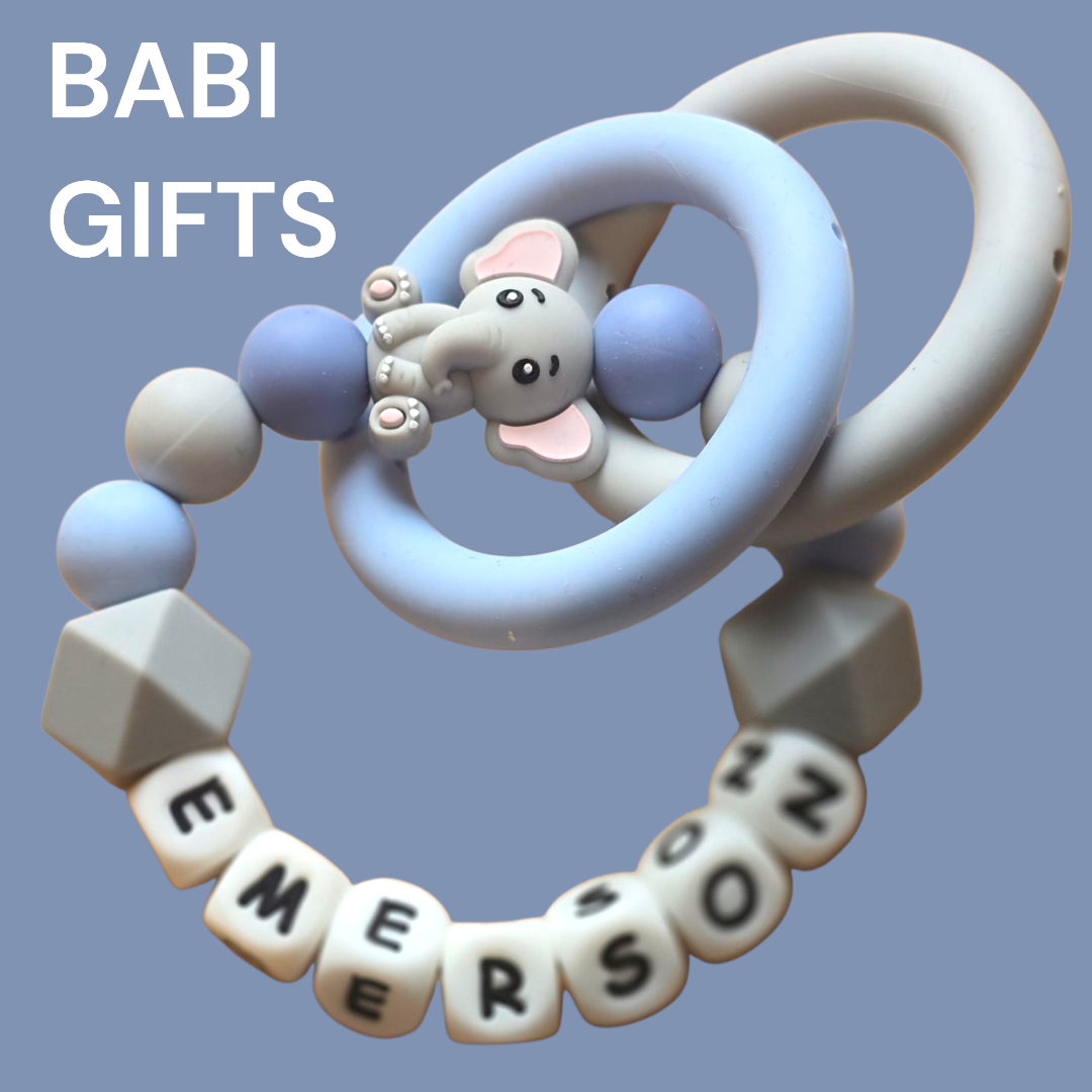 Elephant Dummy Clip and Teether Set – Blue and Grey Personalised Baby Gift