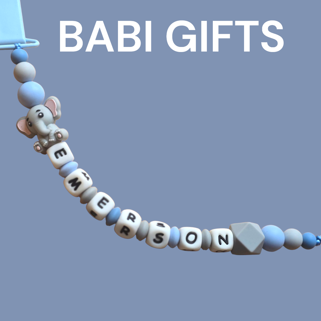 Elephant Dummy Clip and Teether Set – Blue and Grey Personalised Baby Gift