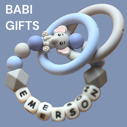 Elephant Dummy Clip and Teether Set – Blue and Grey Personalised Baby Gift