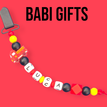 Fire Engine Dummy Clip – Bold Red Baby Teether Set
