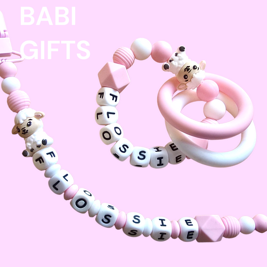 Pink & White Sheep Dummy Clip and Teether Set – Personalised Baby Gift
